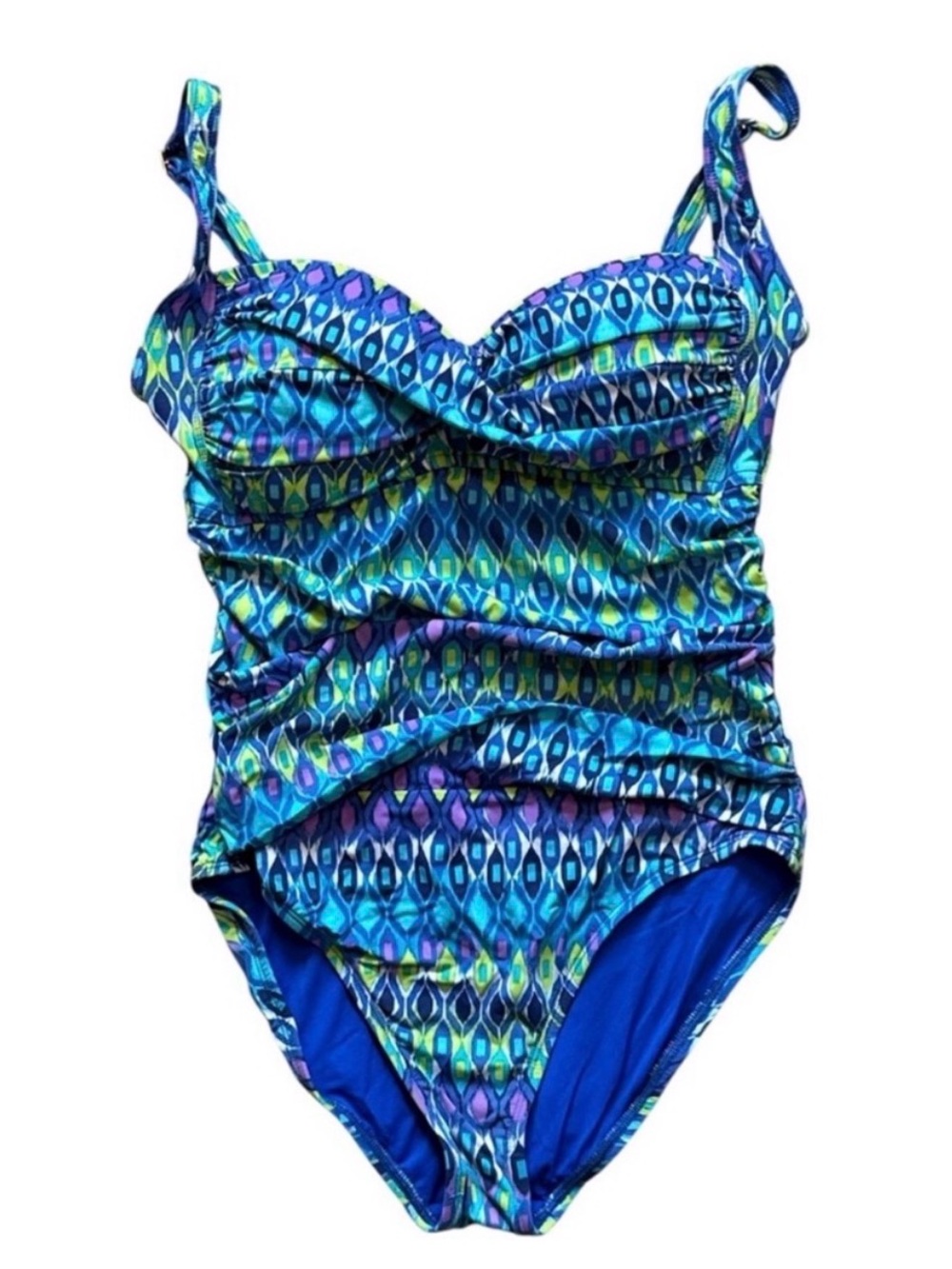 LA BLANCA Ruched Tummy Control Ikat Blue Green Purple One-Piece Swimsuit Sz 8